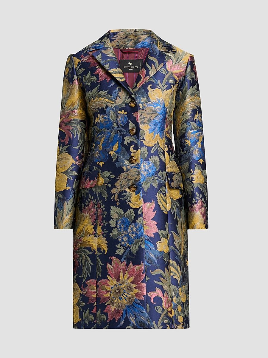 Women's Floral Cotton-Blend Jacquard Notch Lapel Coat - Multicolor Blue Base - Size 12