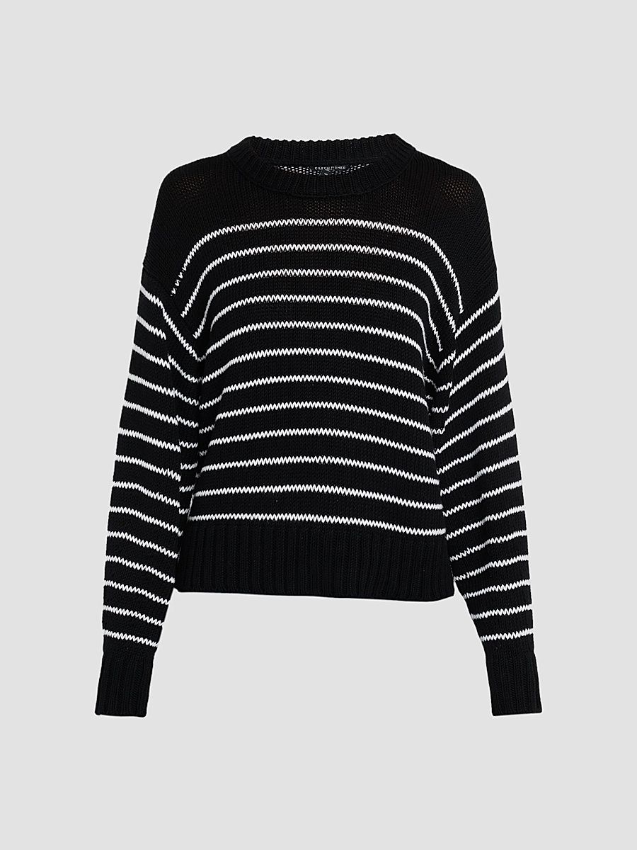 Women's Striped Cotton Crewneck Sweater - Black White - Size 26