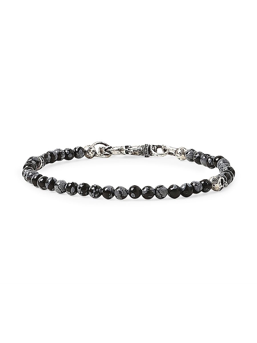 Men's Skull Sterling Silver & Obsidian Beaded Bracelet - Silver
