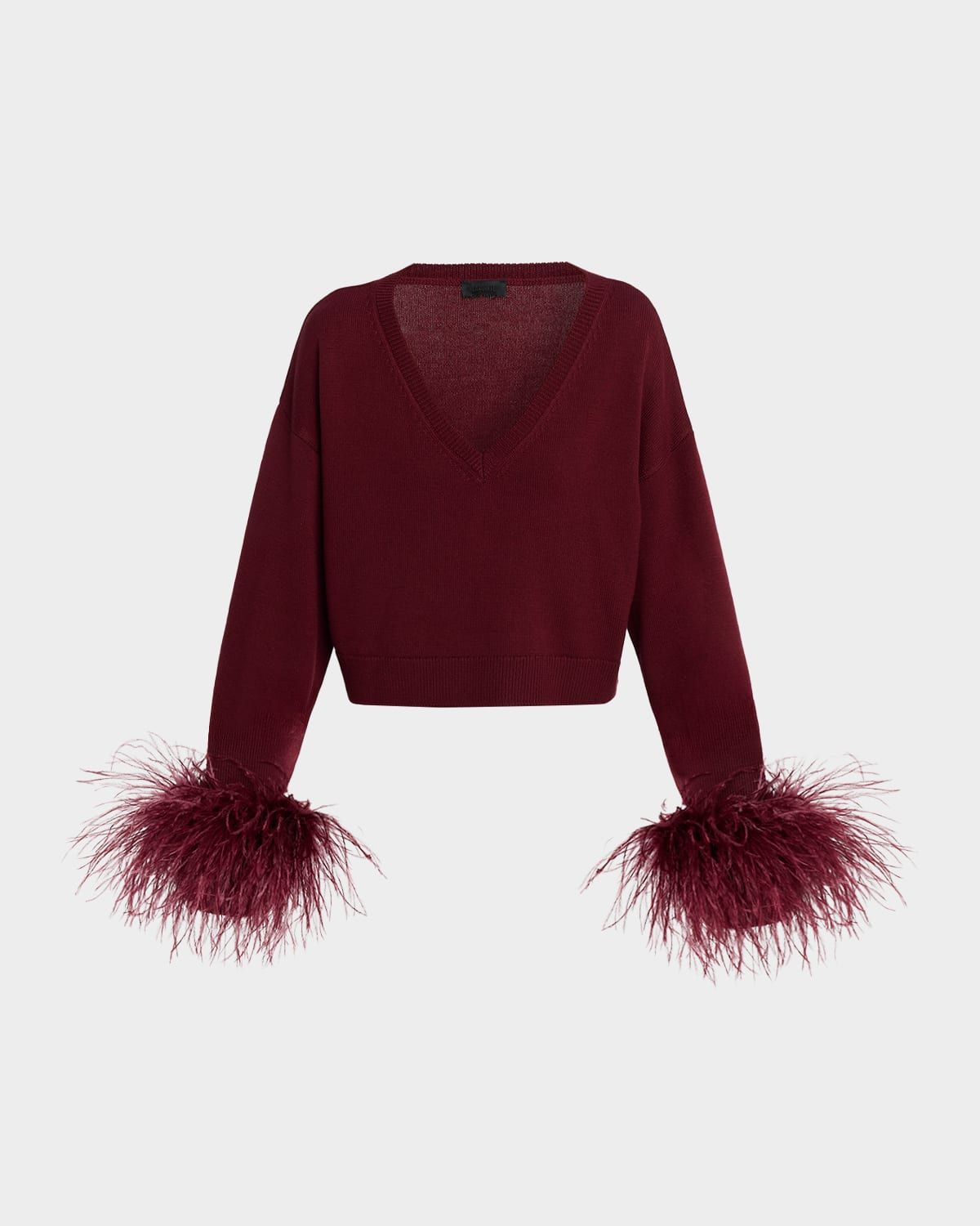 Merino Wool V-Neck Crop Sweater With Feather Cuffs