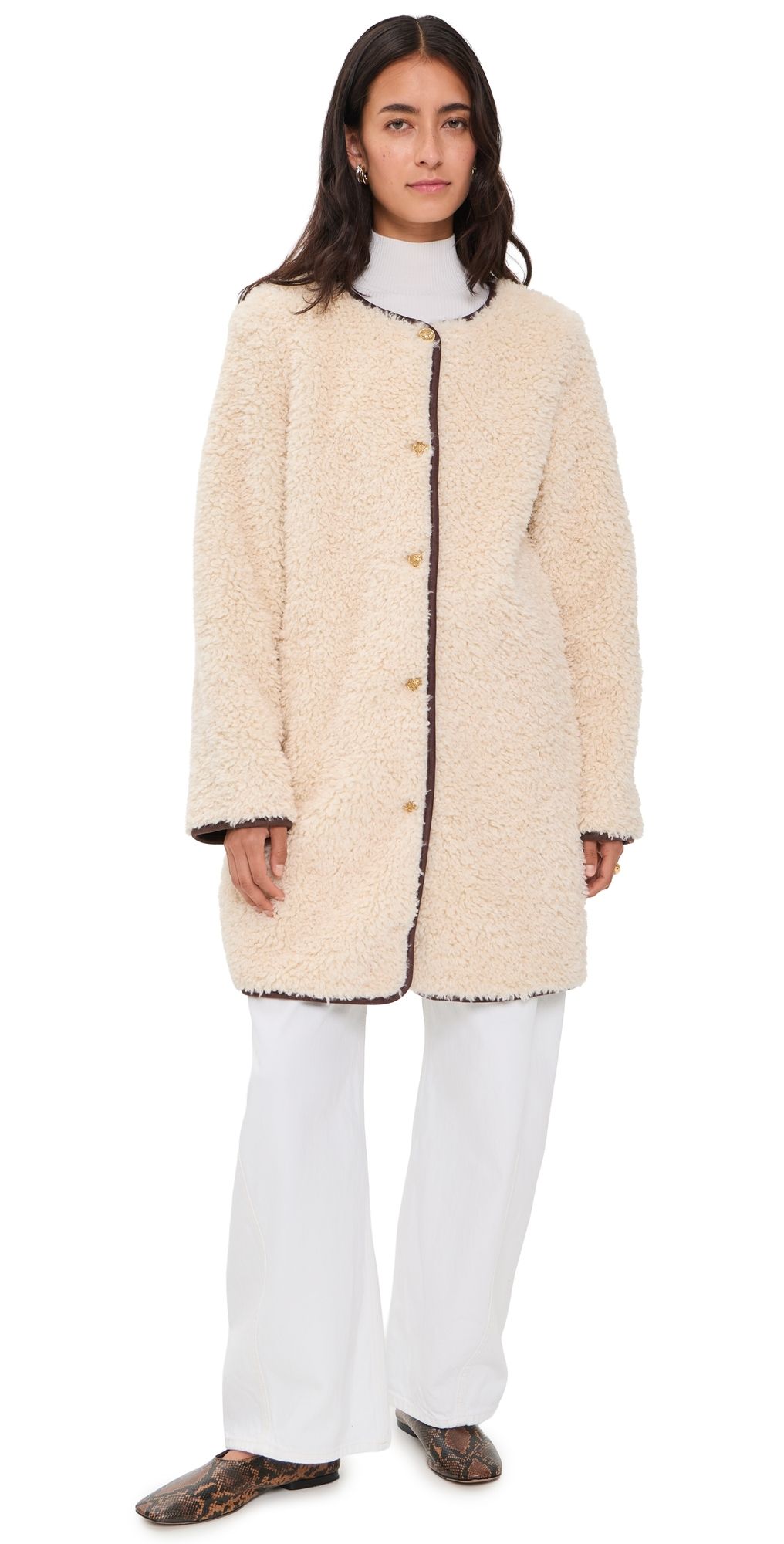 ALICE + OLIVIA Alma Long Faux Suede Teddy Coat Chino/Dark Chocolate S