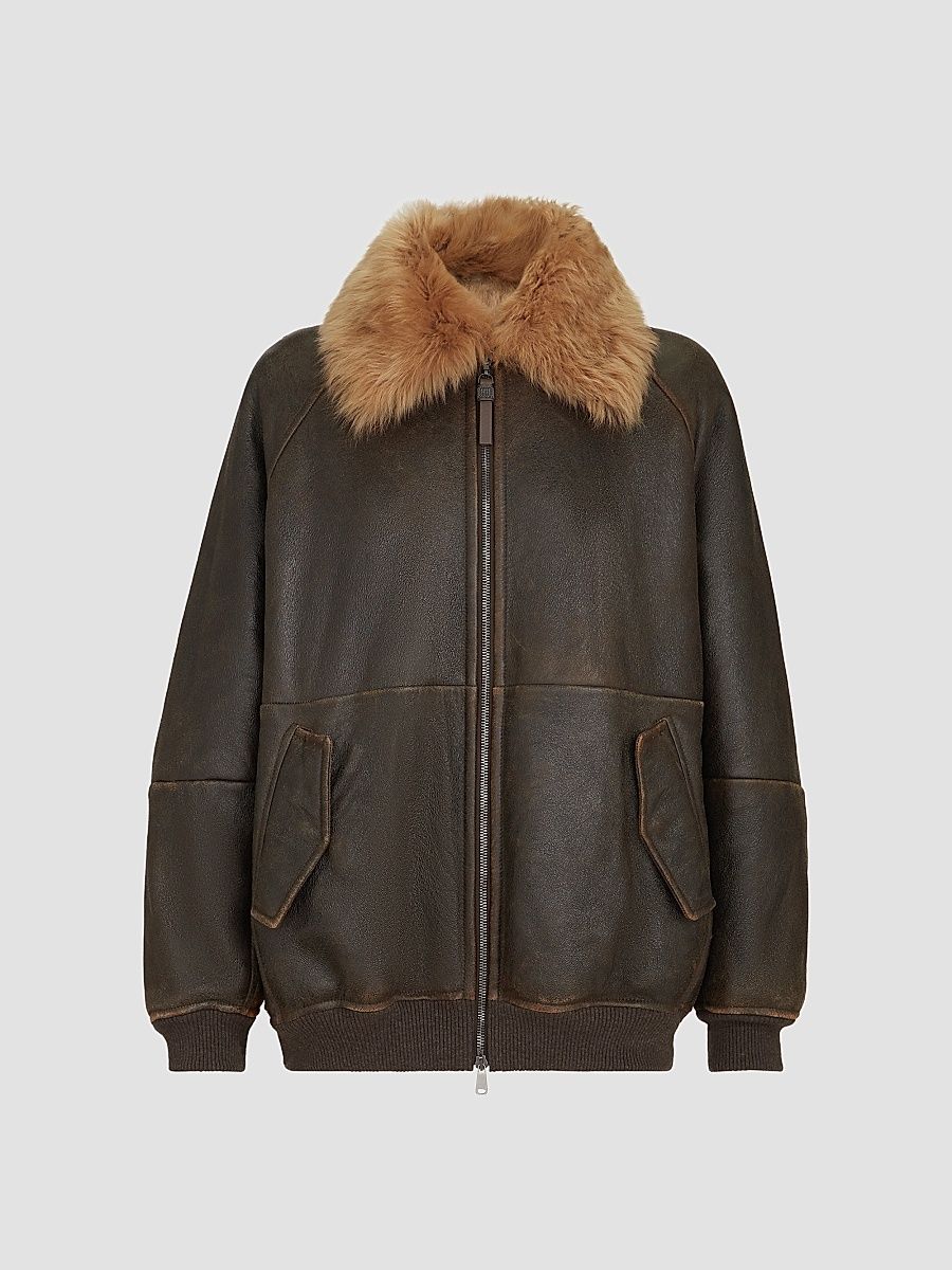 Women's Vintage-Effect Shearling Bomber Jacket with Shiny Zipper Pull - Hazelnut - Size 4