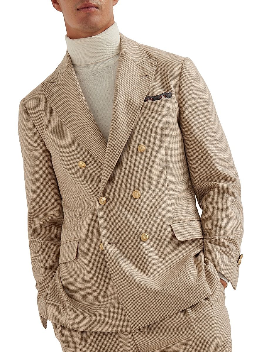 Men's Cashmere and Silk Houndstooth One and a Half Breasted Deconstructed Blazer - Beige - Size 46