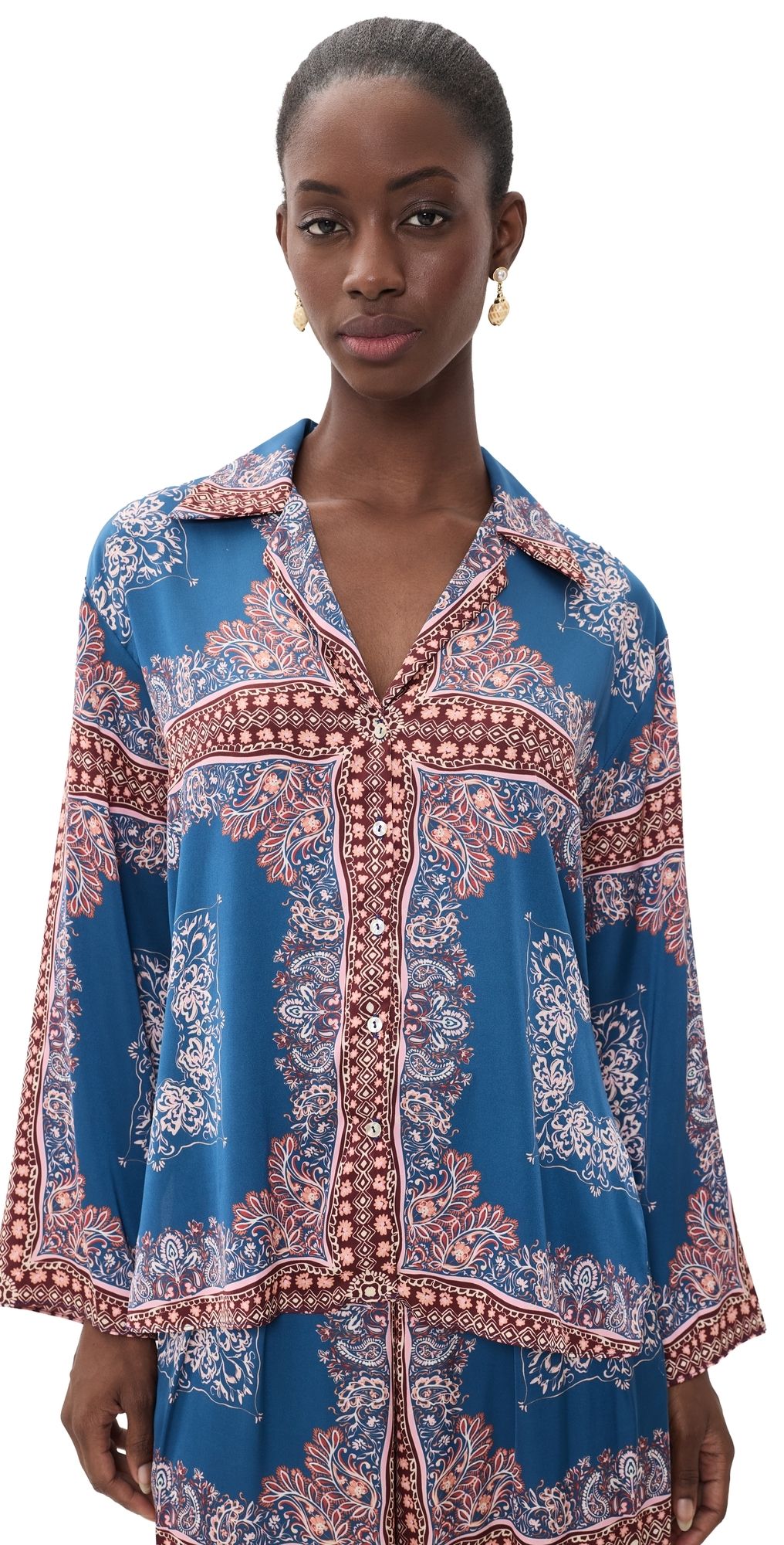 MISA Isme Bandana Button Down Shirt Sapphire Tapis Satin XXS