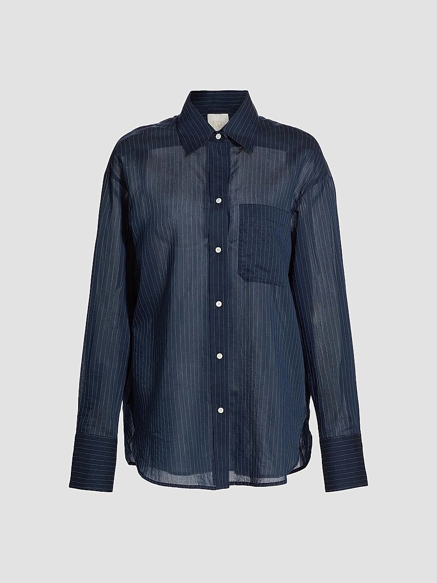 TWP Women's Big Joe Striped Cotton & Silk Shirt - Midnight White - Size Medium