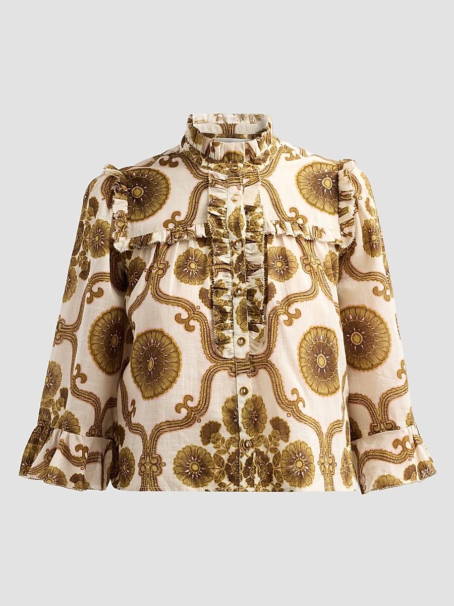 Women's Elowen Floral Medallion Ruffle Blouse - Mod Floral Olive - Size XXL