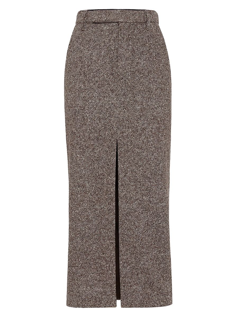 Women's Virgin Wool and Silk Mélange Diagonal Sartorial Pencil Skirt with Monili - Brown - Size 14