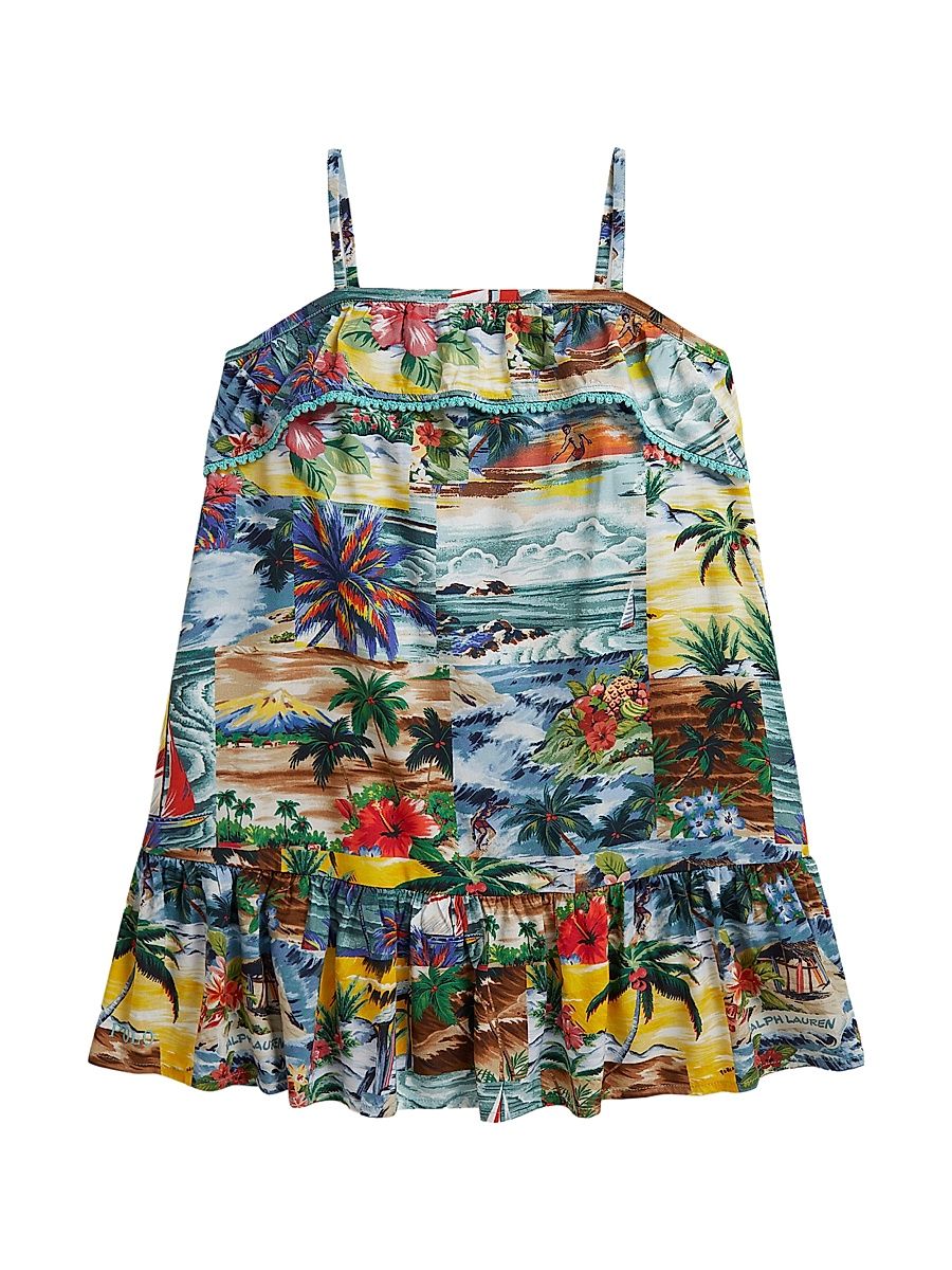 Little Girl's Tropical-Print Frill Dress - Surf Scenic Patchwork - Size 3