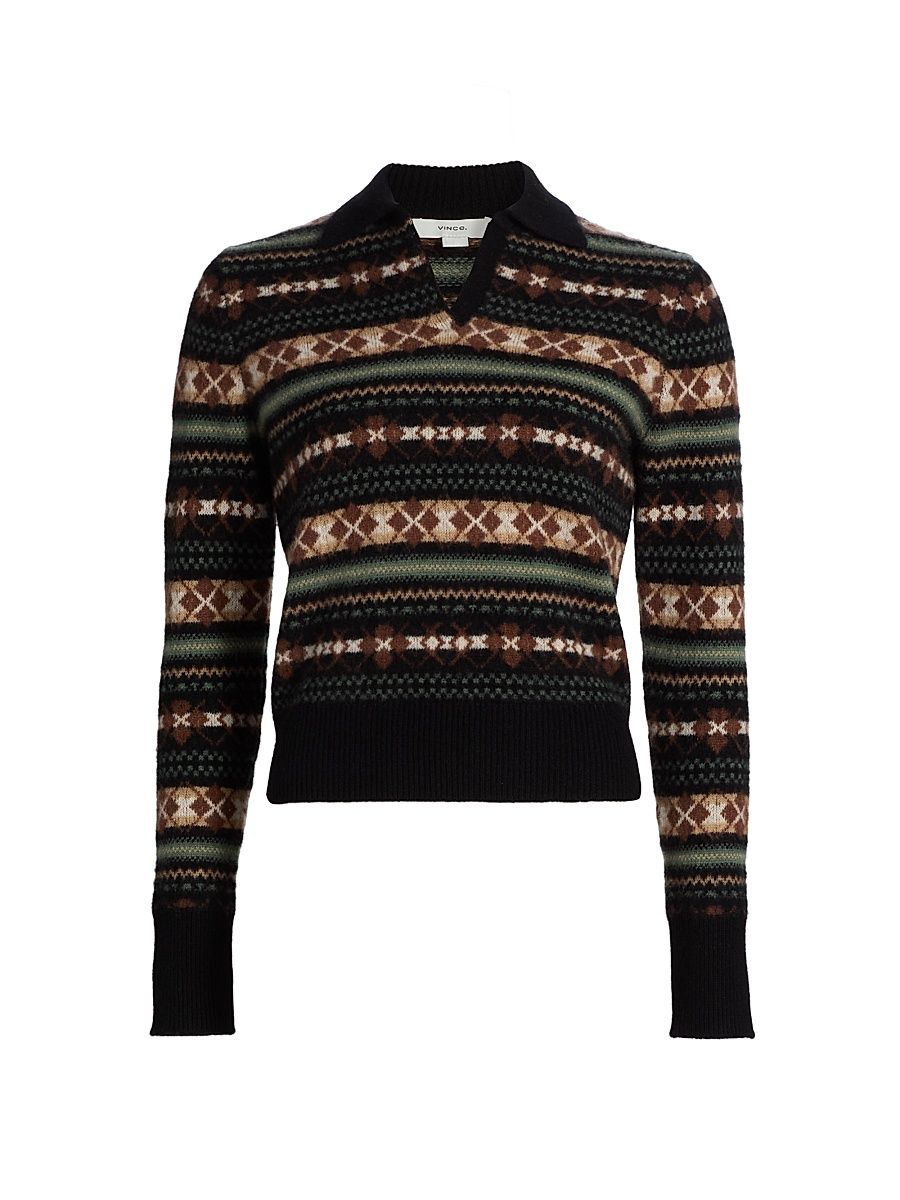Women's Fair Isle-Style Cashmere Polo Sweater - Cacao Malachite Combo - Size XS