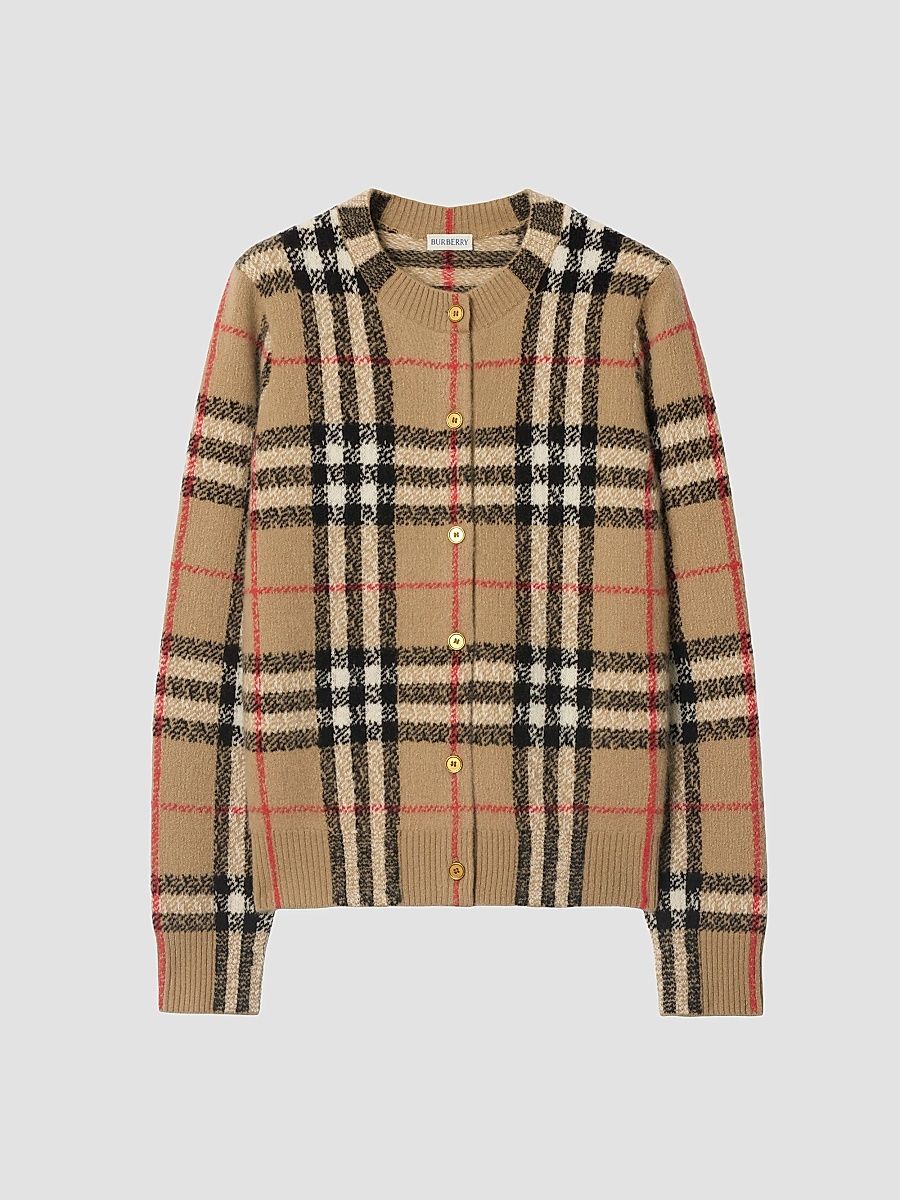 Women's Check Cashmere Cardigan - Sand Ip Check - Size XXS