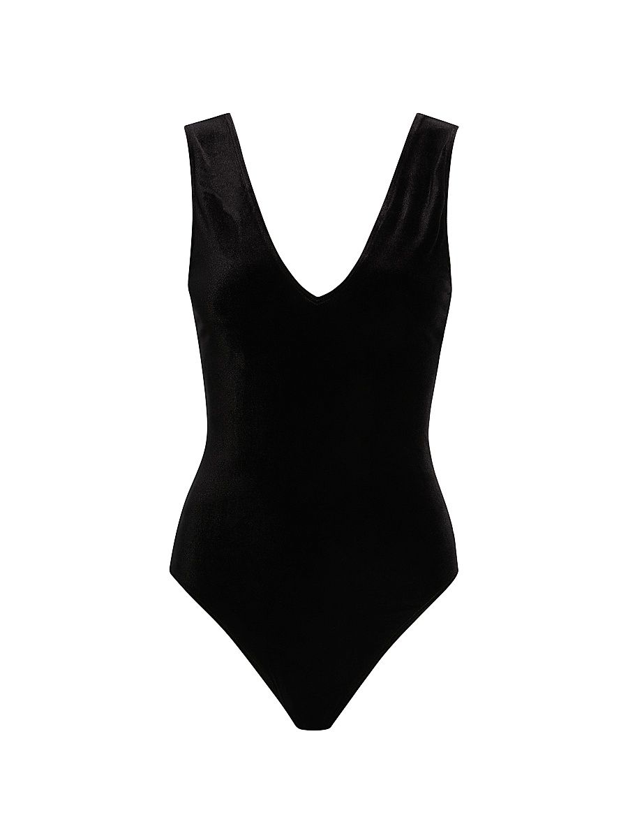 Women's Velvet Deep-V Bodysuit - Black - Size Large