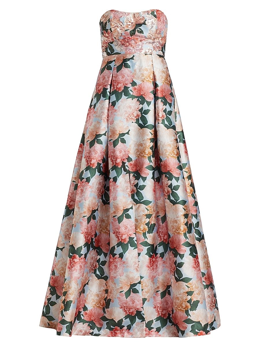 Women's Giovanna Sequined Strapless Gown - Peach Peonies - Size 0