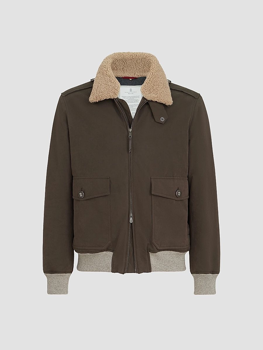 Men's Waxed Techno Cotton Bomber Jacket - Brown - Size 48