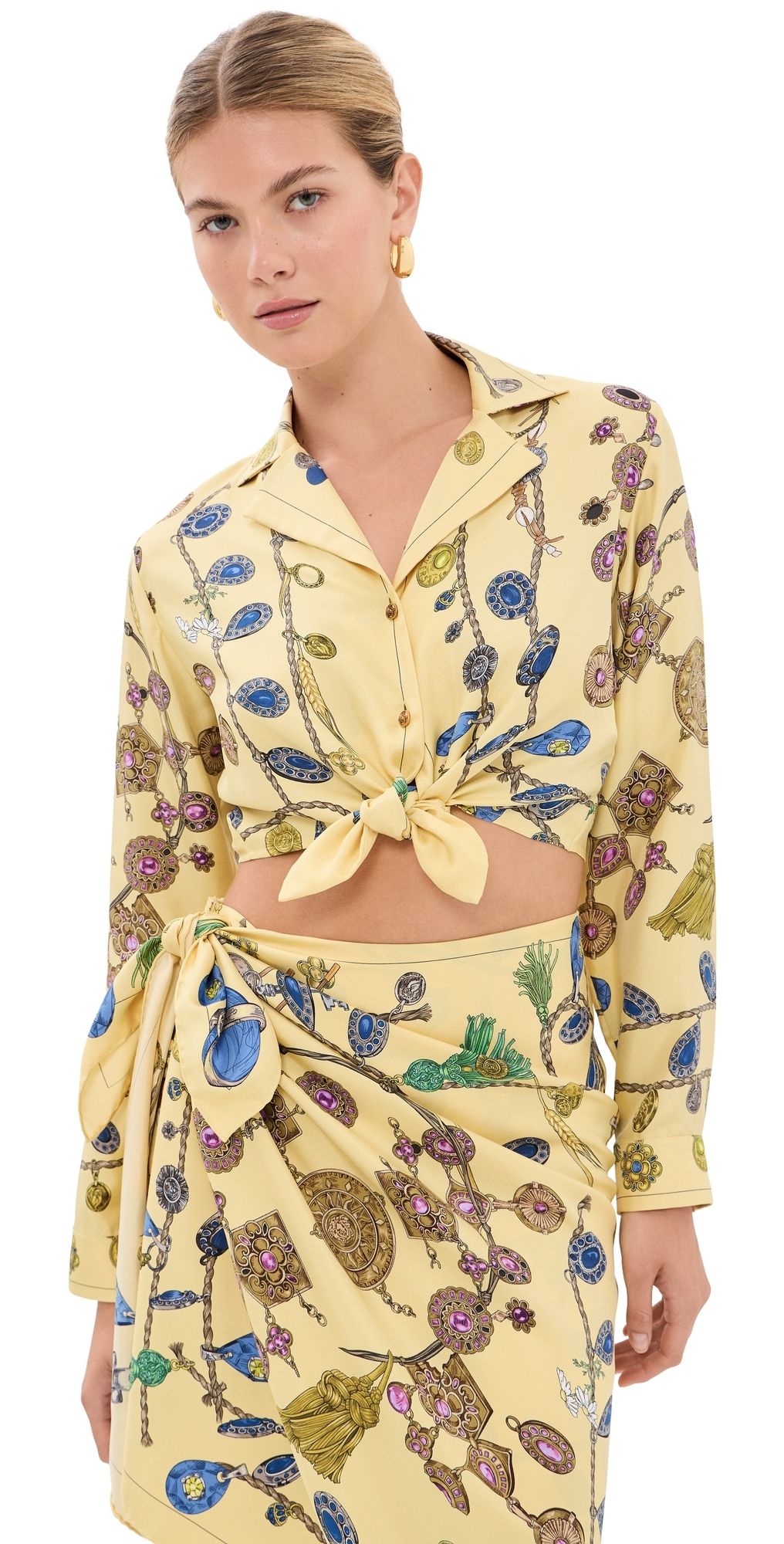 Versace Printed Crop Silk Twill Shirt Burro/Azur/Gold 44