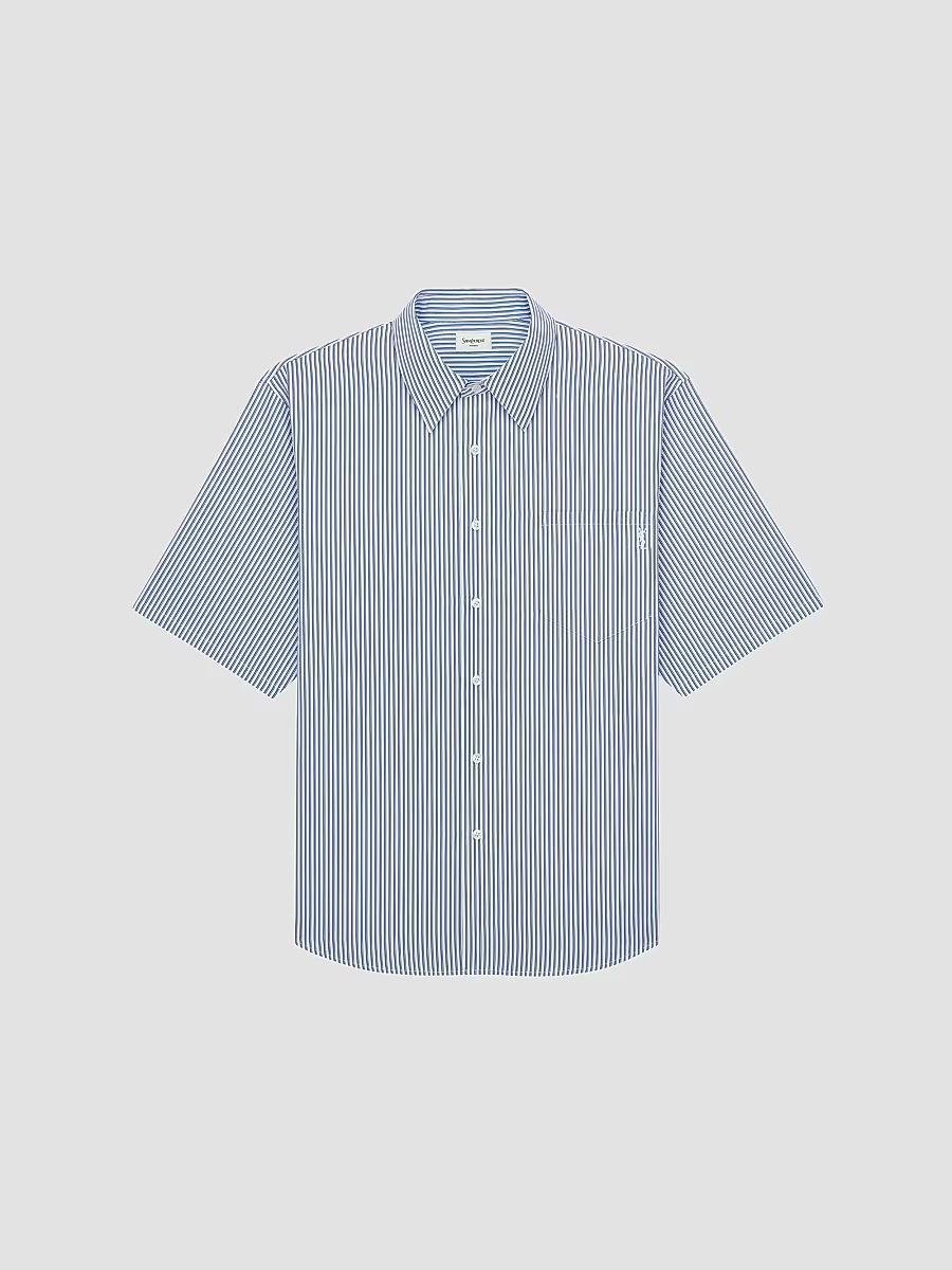 Saint Laurent Men's Cassandre Shirt in Striped Cotton Poplin - Craie Noir Bleu - Size 16.5