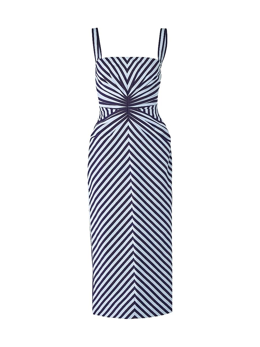 Women's Striped Slim-Strap Pencil Midi-Dress - Cloudy Blue Midnight - Size 8