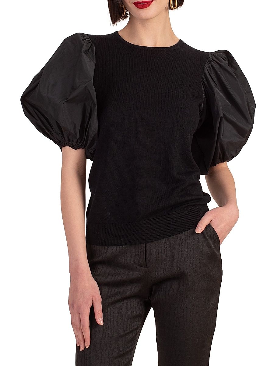 Women's Rhea Merino Wool Puff-Sleeve Top - Black - Size Large
