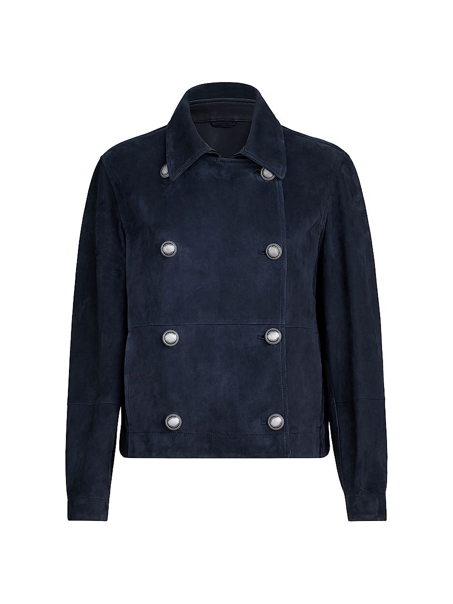 Women's Couture Suede Cropped Pea Coat with Monili - Blue - Size 6