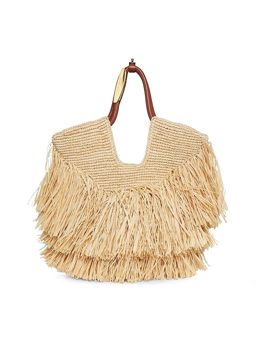 Women's Small Goldentime Fringed Raffia Tote Bag - Natural