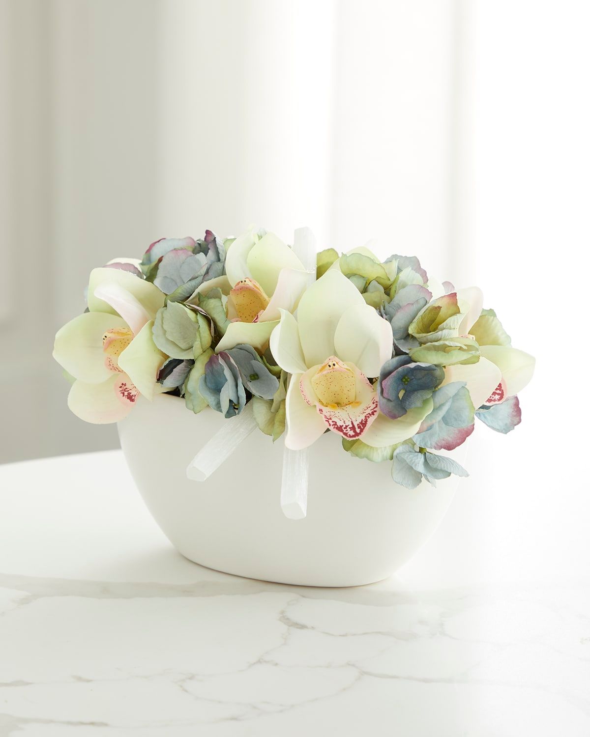 Hydrangea and Orchid Faux Floral Arrangement in Ceramic Bowl with Selenite - 8"
