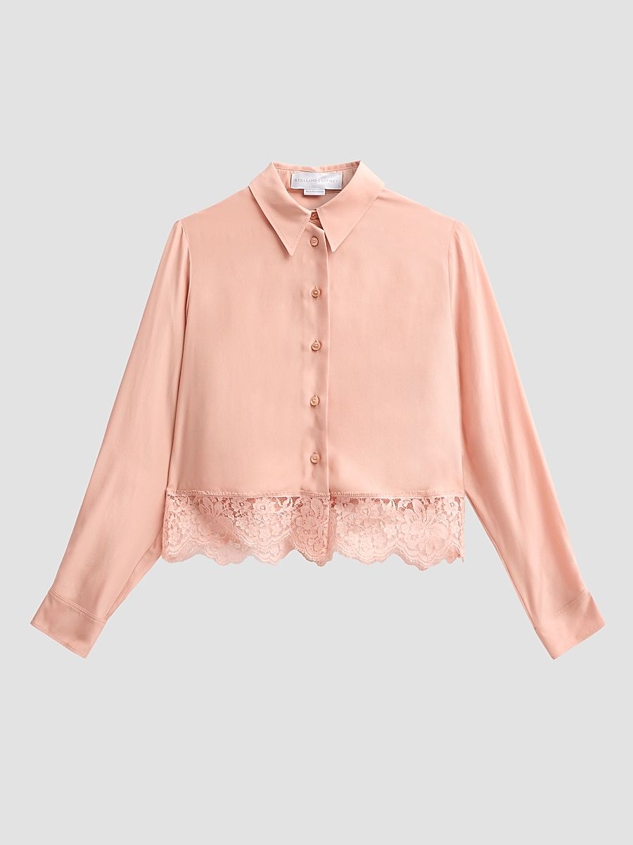 Women's Lace-Trim Silk Shirt - Soft Rose - Size 0