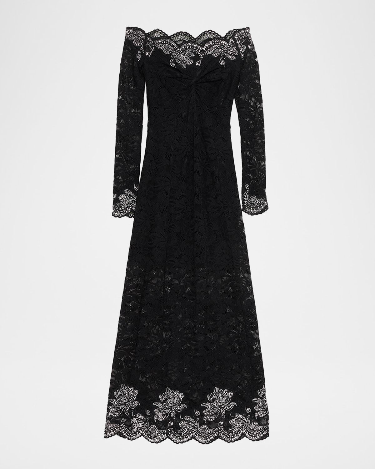 Embellished Lace Off-The-Shoulder Long-Sleeve Maxi Dress