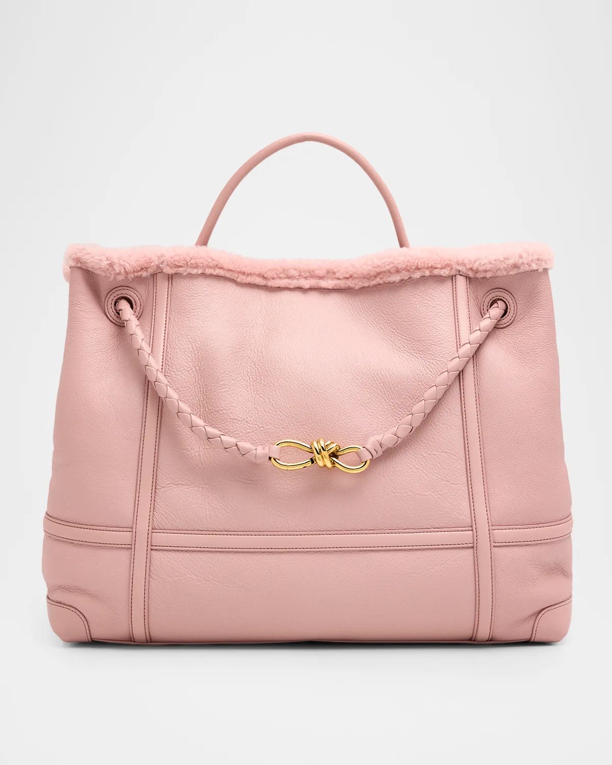 Andiamo Shearling-Trim Leather Top-Handle Bag