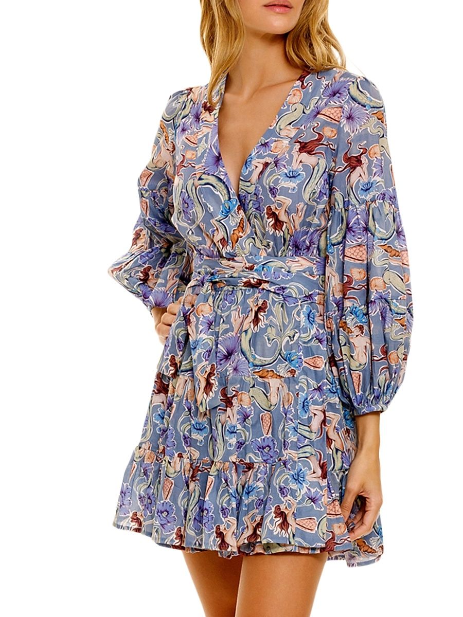 Women's Eloise Calypso Mermaid-Print Cotton Tie-Waist Minidress - Blue - Size Large