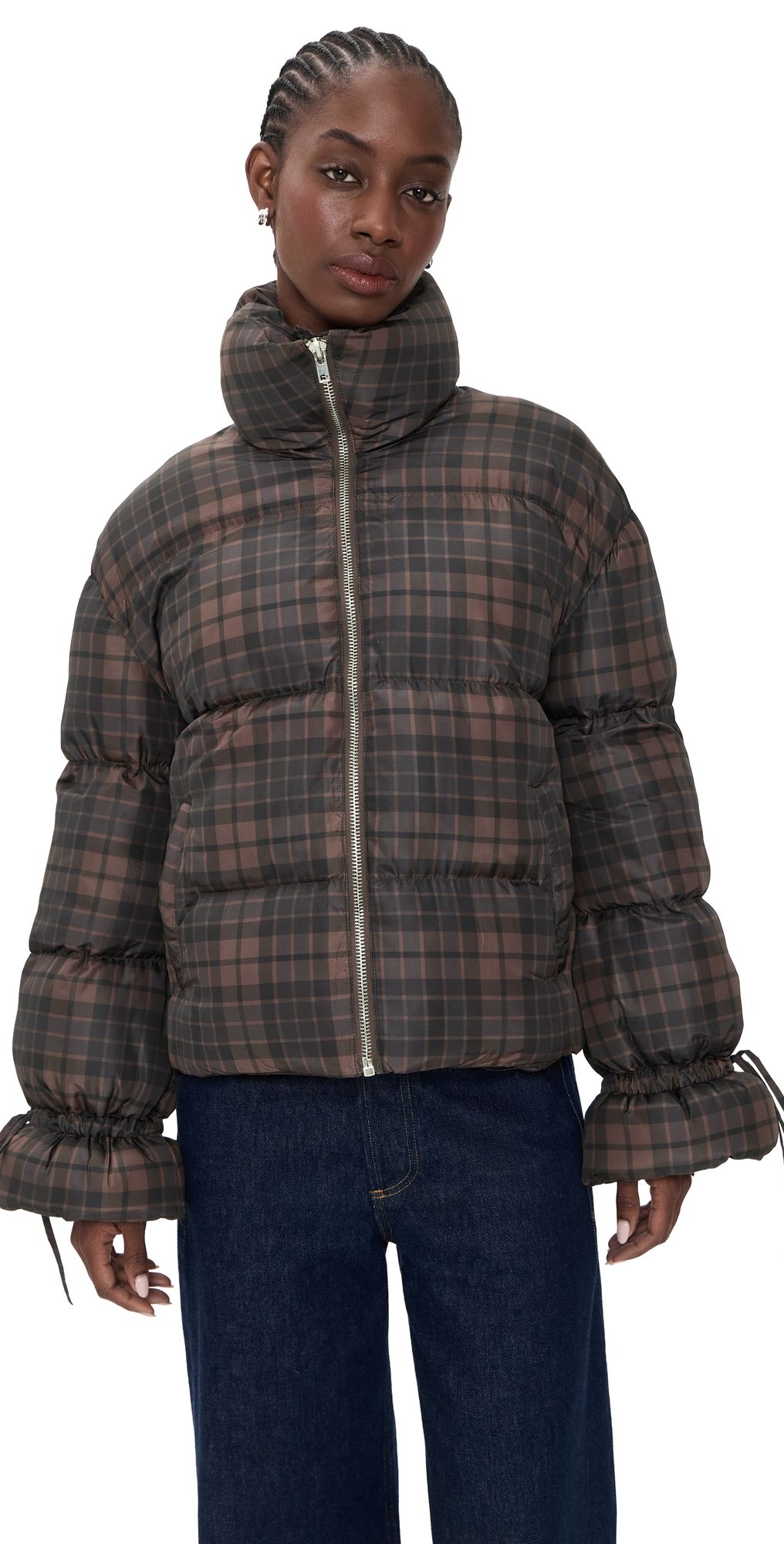 Moon River Plaid Puffer Jacket Dark Brown Multi L