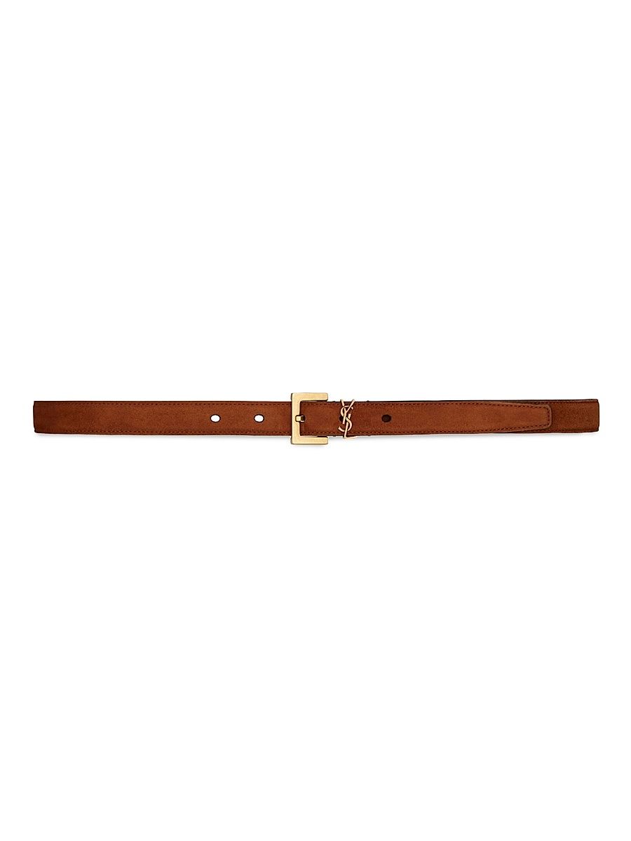 Saint Laurent Women's Cassandre Thin Belt with Square Buckle in Suede - Brick - Size 40