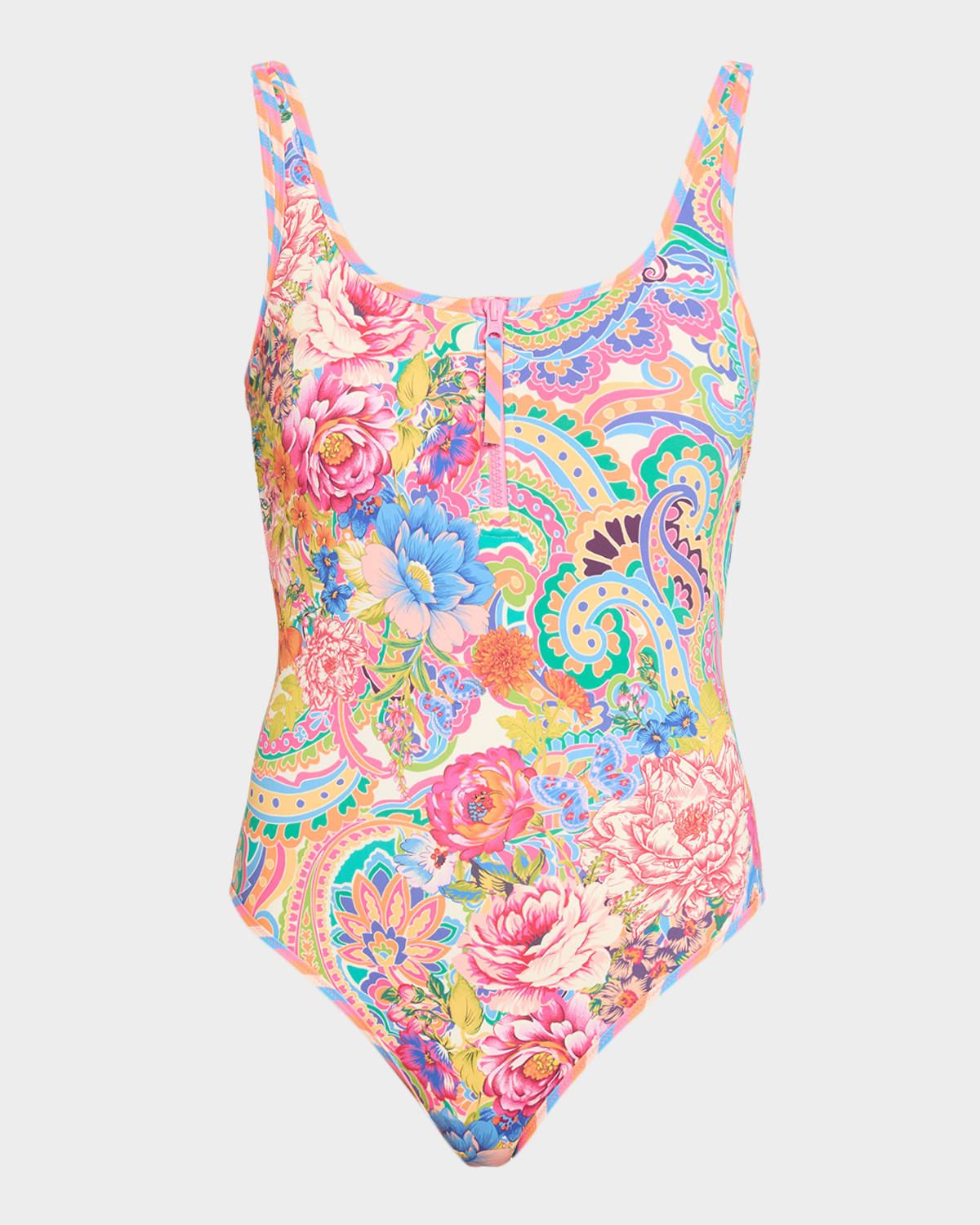 Paisley Floral Zip Tank One-Piece Swimsuit