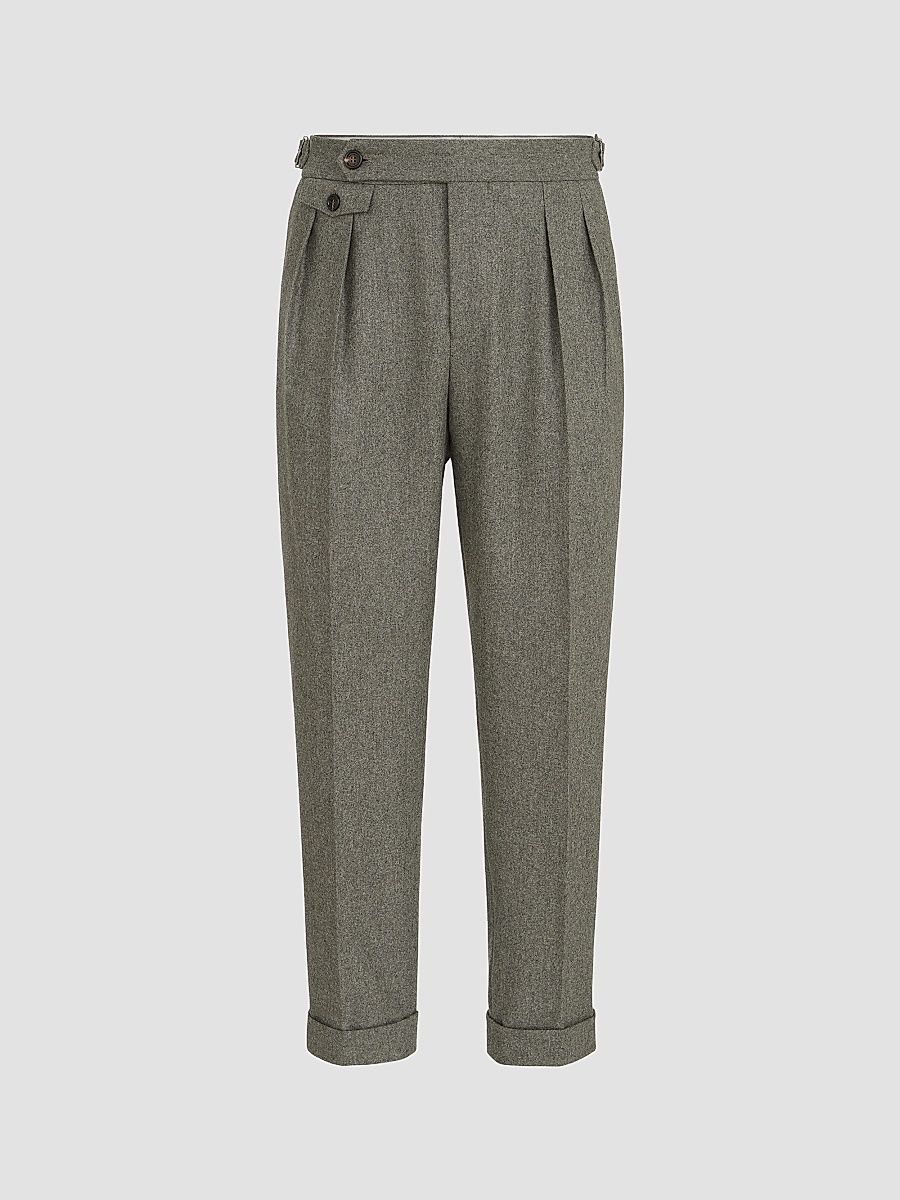 Men's Virgin Wool Flannel Trousers with Double Pleats - Military - Size 44