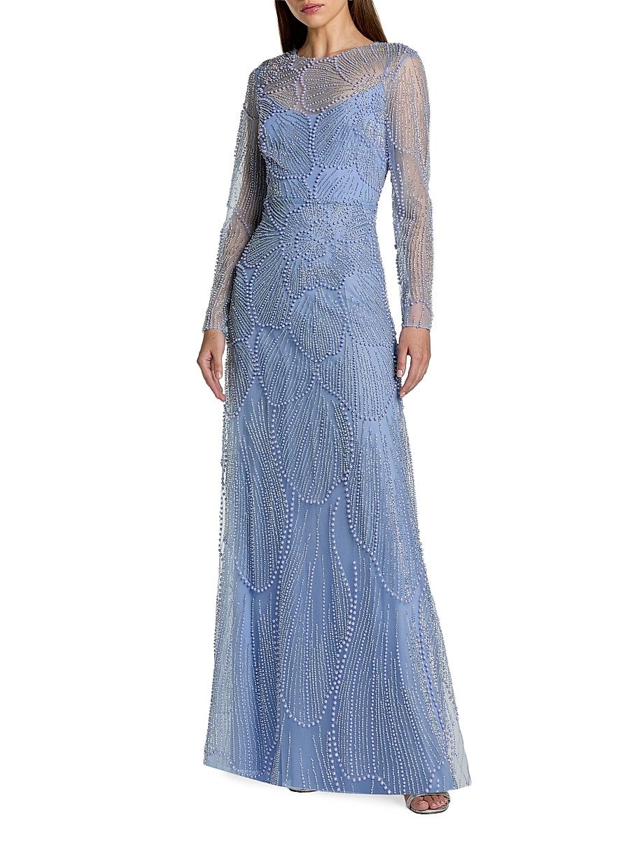 Women's Beaded Mesh Long-Sleeve A-Line Gown - Periwinkle - Size 12