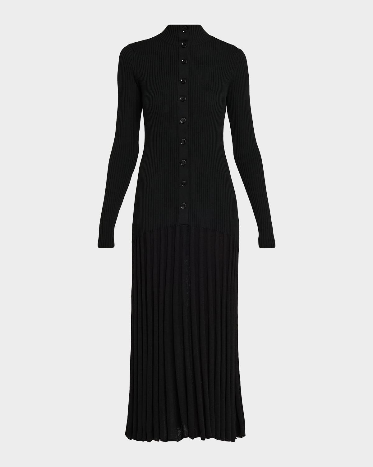 Jada Turtleneck Drop-Waist Button-Front Maxi Dress