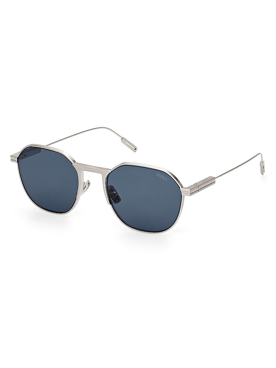 Men's 55MM Round Metal Sunglasses - Palladium Blue