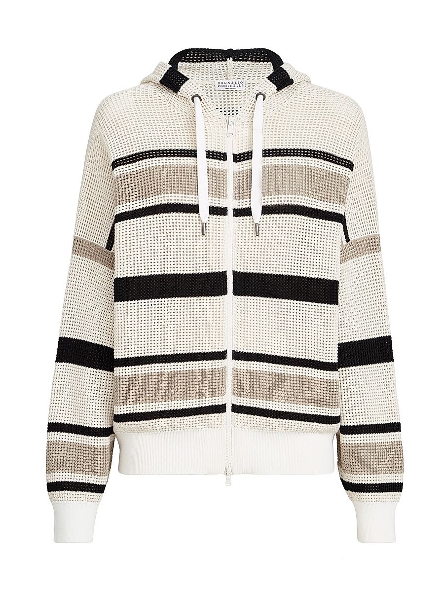 Women's Striped Cotton Net Hooded Cardigan with Zipper - Size XXL
