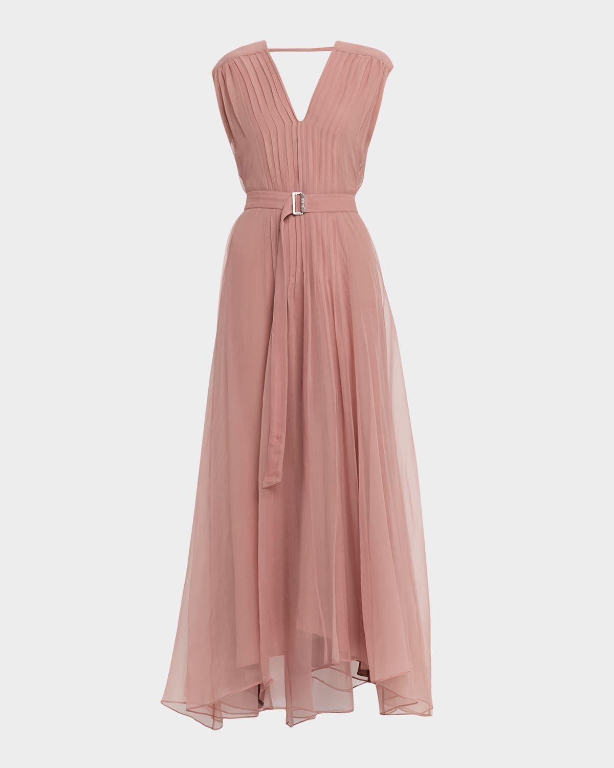 Belted Pintuck Silk Chiffon Gown