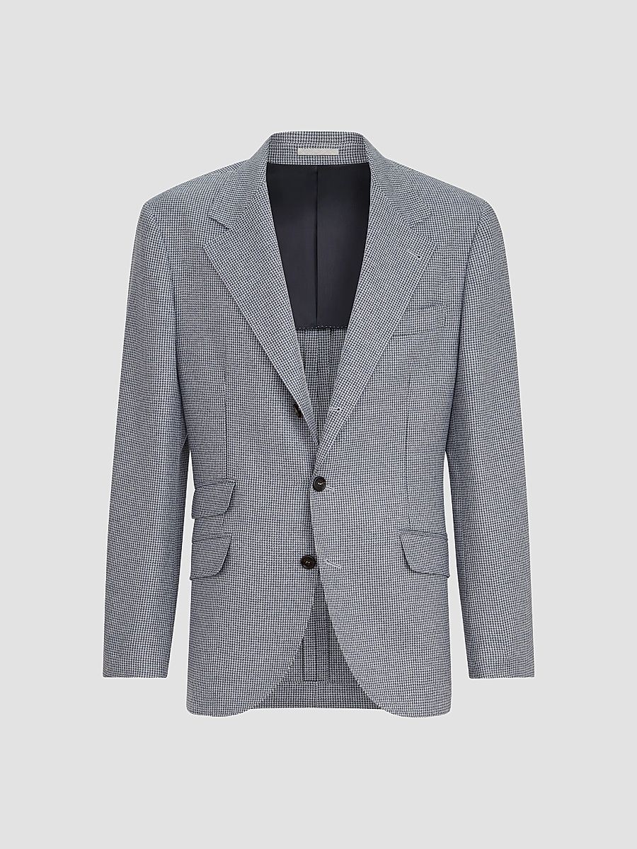 Men's Cashmere and Silk Houndstooth Flannel Deconstructed Cavallo Blazer - Cerulean - Size 34