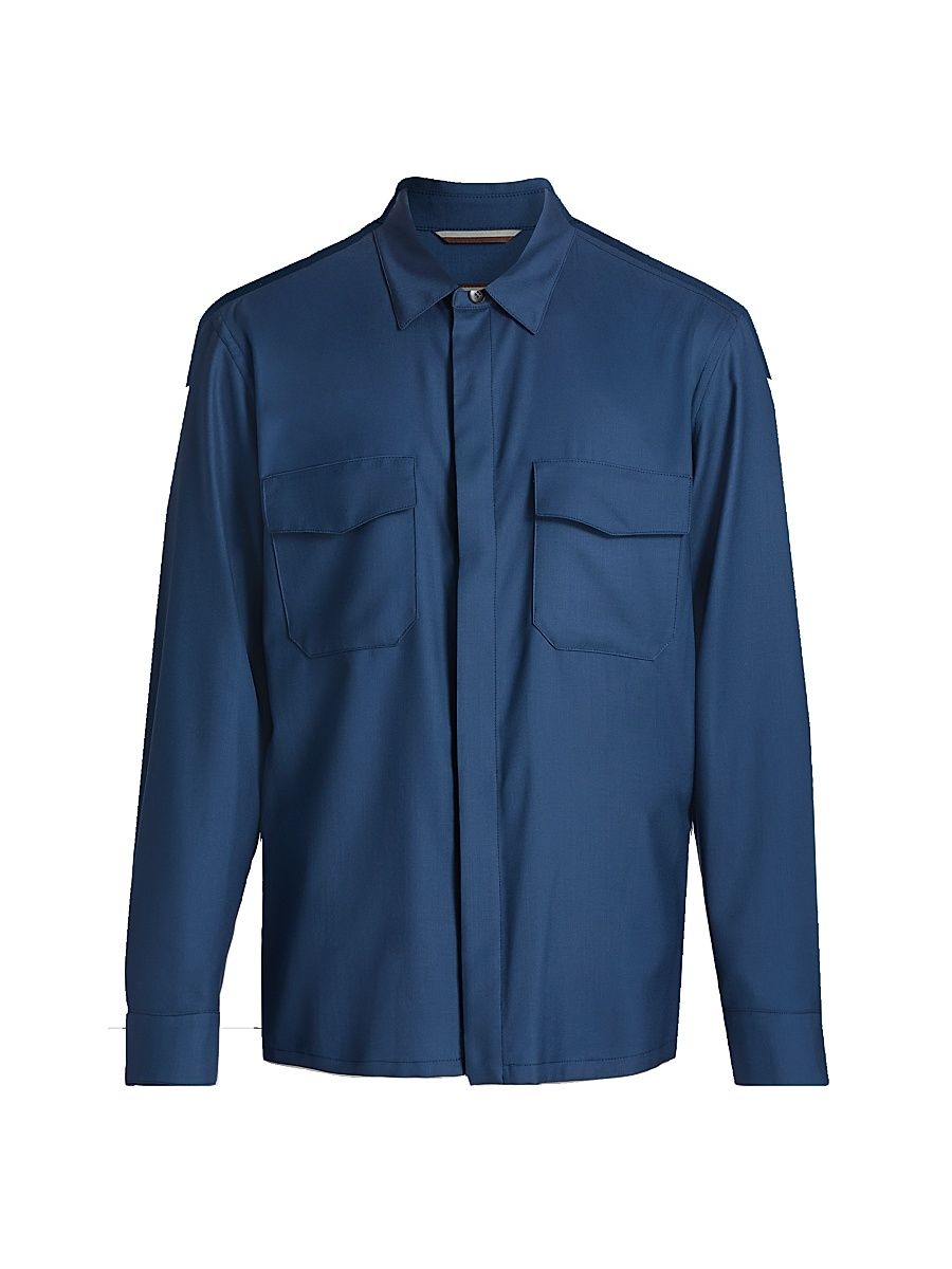 Men's HighLuxury Wool-Silk Overshirt - Blue - Size 46
