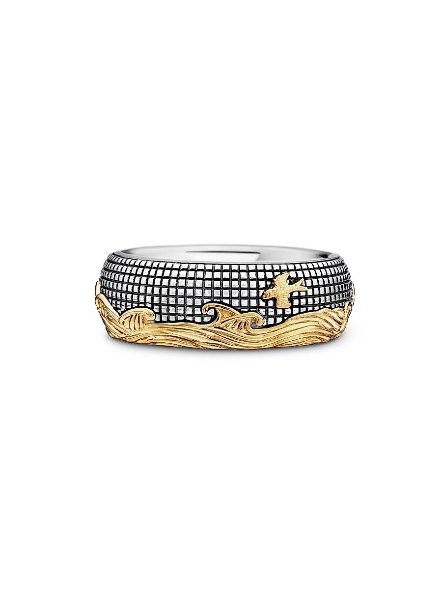 Men's Waves Band Ring with 18K Yellow Gold and Sterling Silver - Silver - Size 9