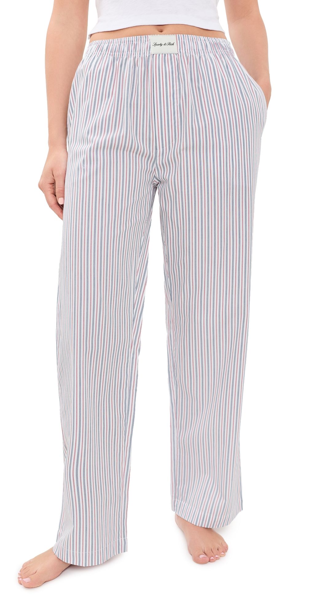 Sporty & Rich Signature Logo Pajama Pants Blue White Red Striped XL