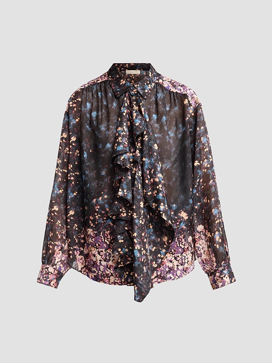 Women's Gesture Floral Silk Ruffle Blouse - Eclipse - Size 12