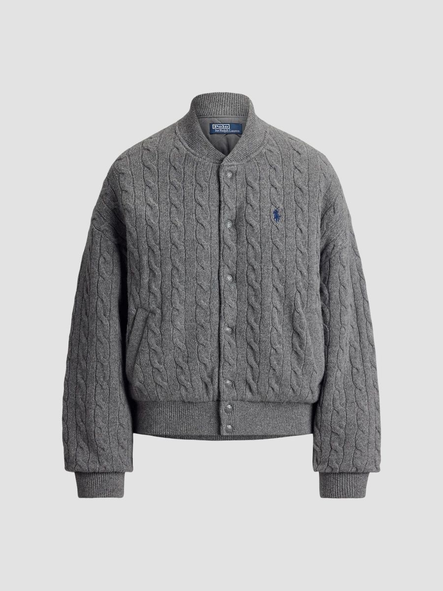 Polo Ralph Lauren Women's Cable-Knit Wool-Cashmere Bomber Jacket - Flannel Grey Heather - Size Large