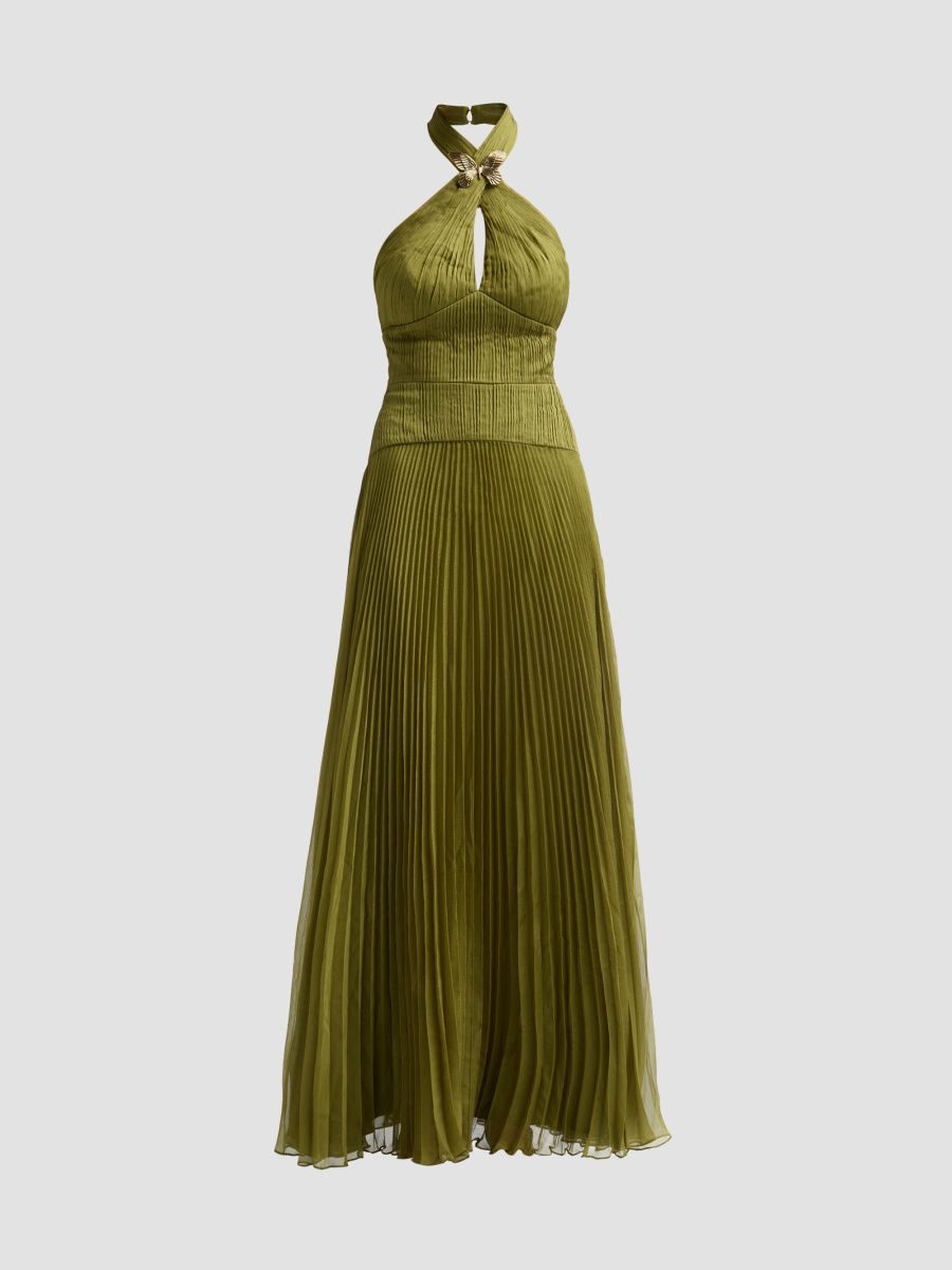 AMUR Women's Alaina Pleated Halterneck Gown - Green Juniper - Size 14