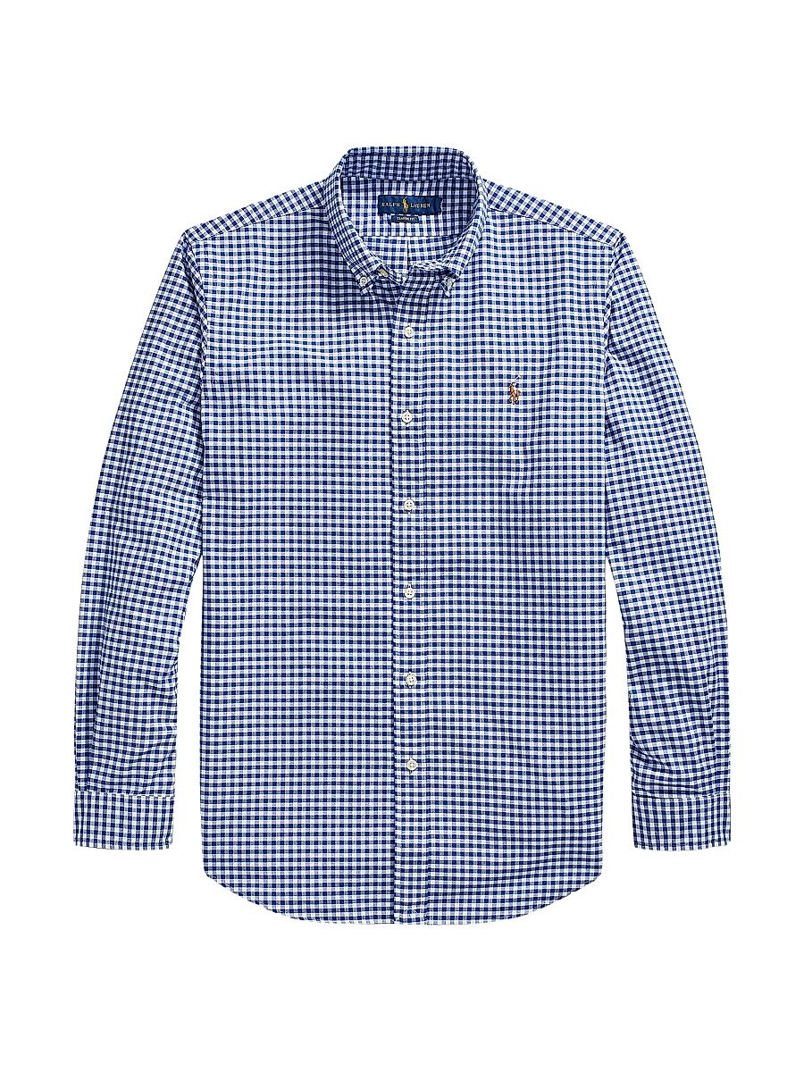 Men's Custom-Fit Gingham Cotton Oxford Shirt - Blue White Gingham - Size XS
