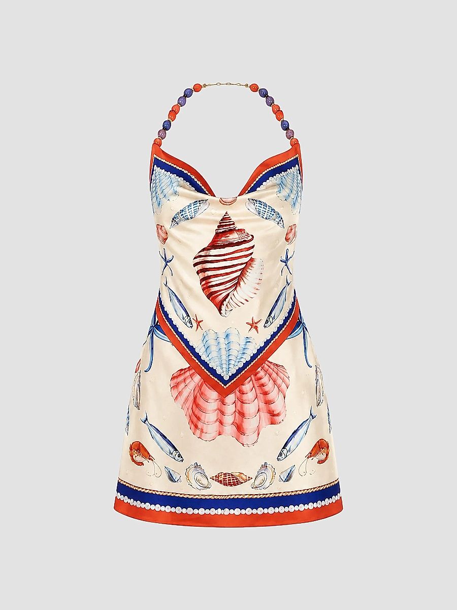 Women's Creta Beaded Halter Mini Dress - Santorini Marine - Size Large