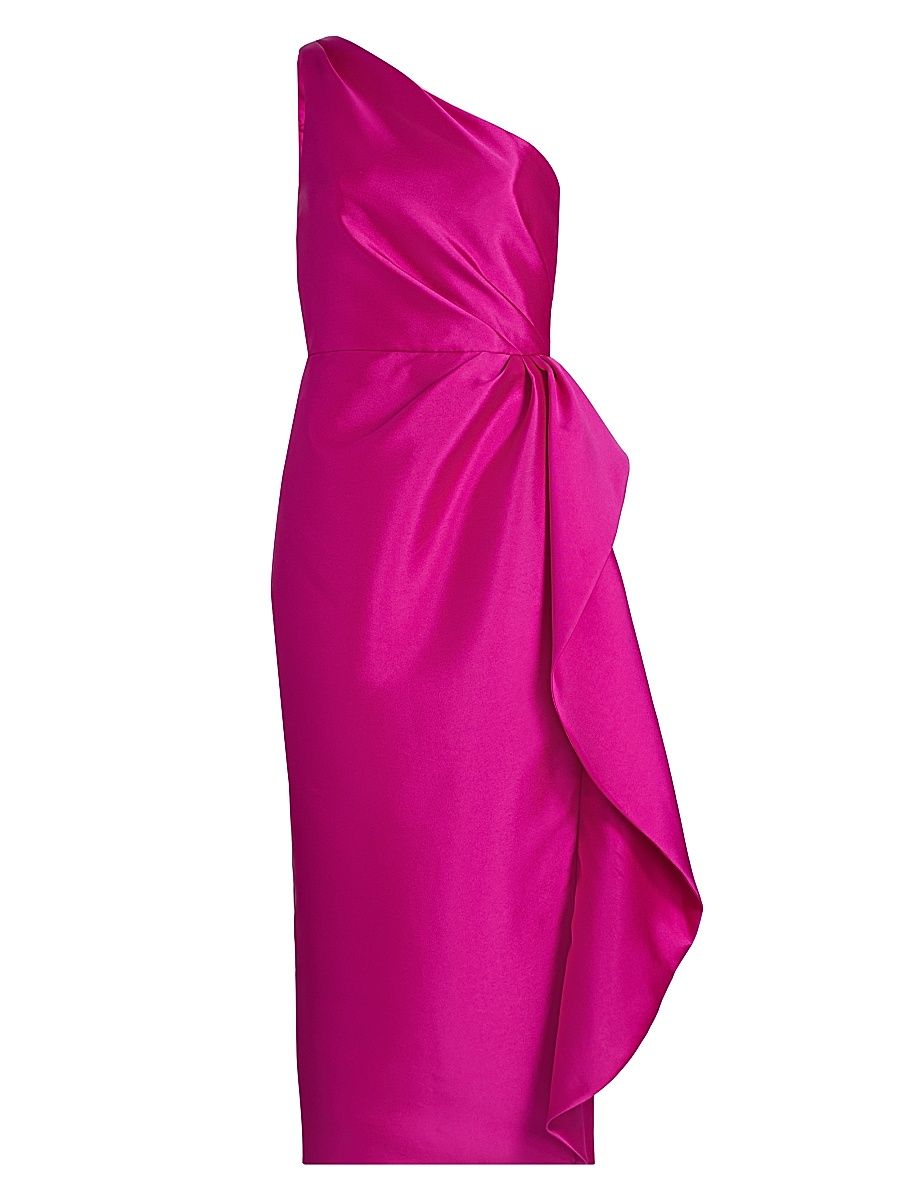 Women's Satin One-Shoulder Ruffle Cocktail Dress - Fuchsia - Size 8
