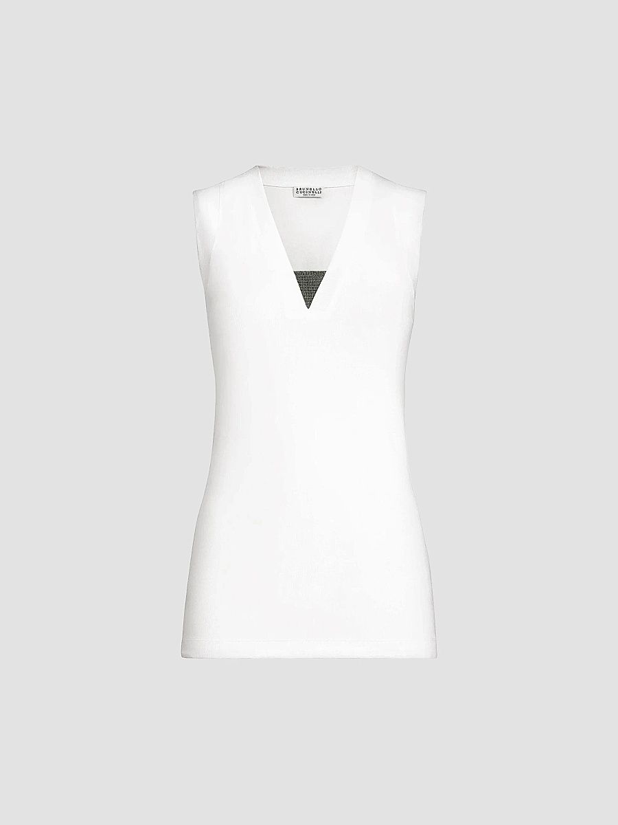 Brunello Cucinelli Women's Stretch Cotton Jersey T-Shirt with Precious Faux-Layering - White - Size XXXL