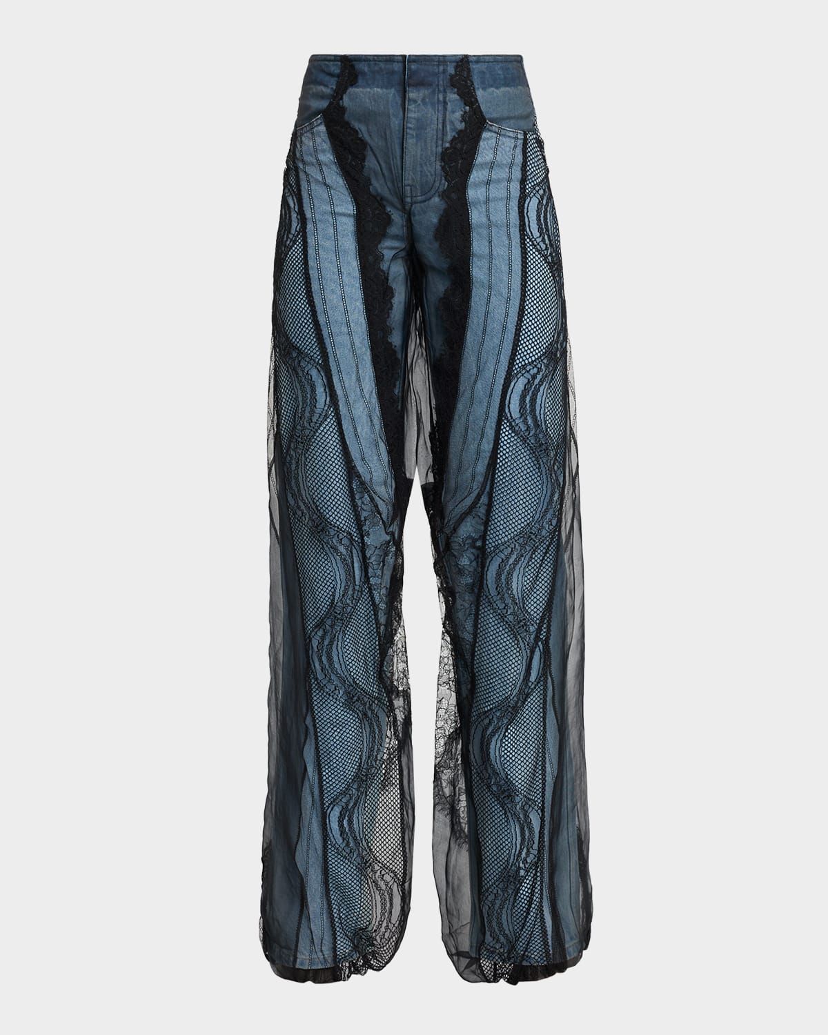 Lace Encased Denim Straight-Leg Jeans