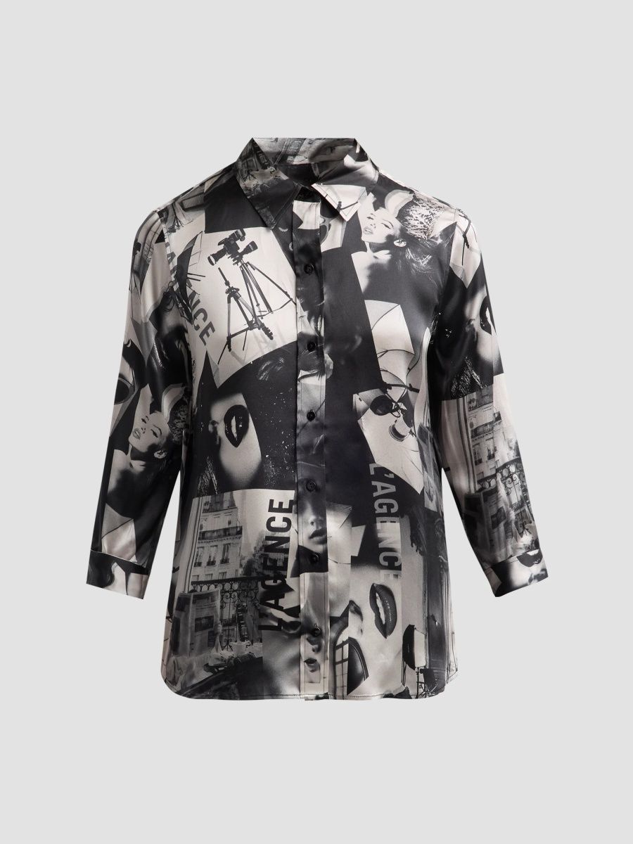 L'AGENCE Women's Dani Printed Silk Blouse - Tan Black Magazine - Size XL